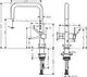 Hansgrohe Spültischmischer mit einem geschwungenen Auslauf und Hebel zur Temperaturregelung. Abmessungen und Anschlüsse sind im technischen Zeichnungsformat dargestellt.
